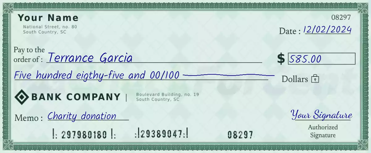 Example of a 585 dollar check