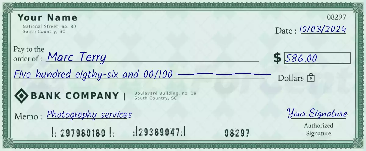 Example of a 586 dollar check