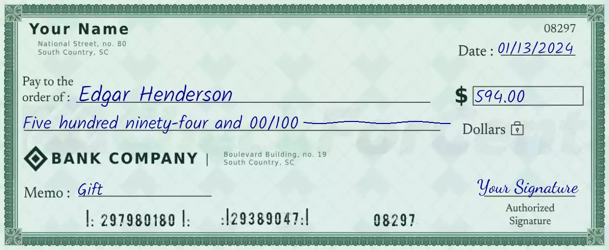 Example of a 594 dollar check