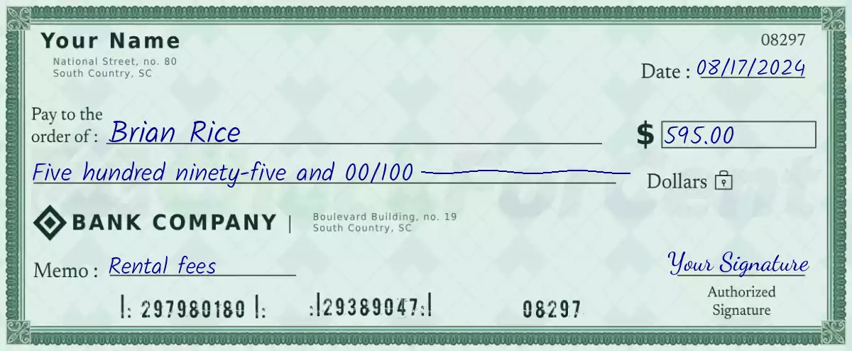Example of a 595 dollar check