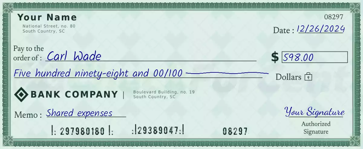Example of a 598 dollar check