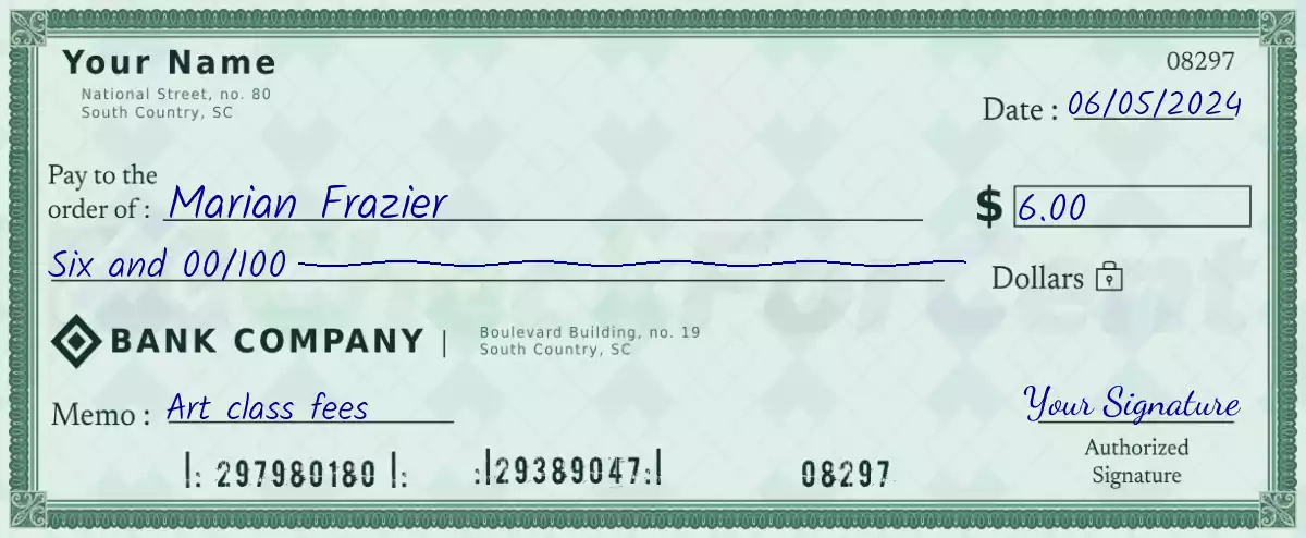 Example of a 6 dollar check