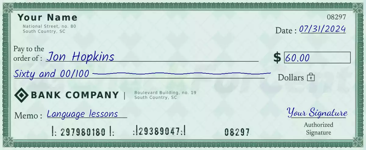 Example of a 60 dollar check