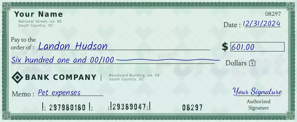 Example of a 601 dollar check