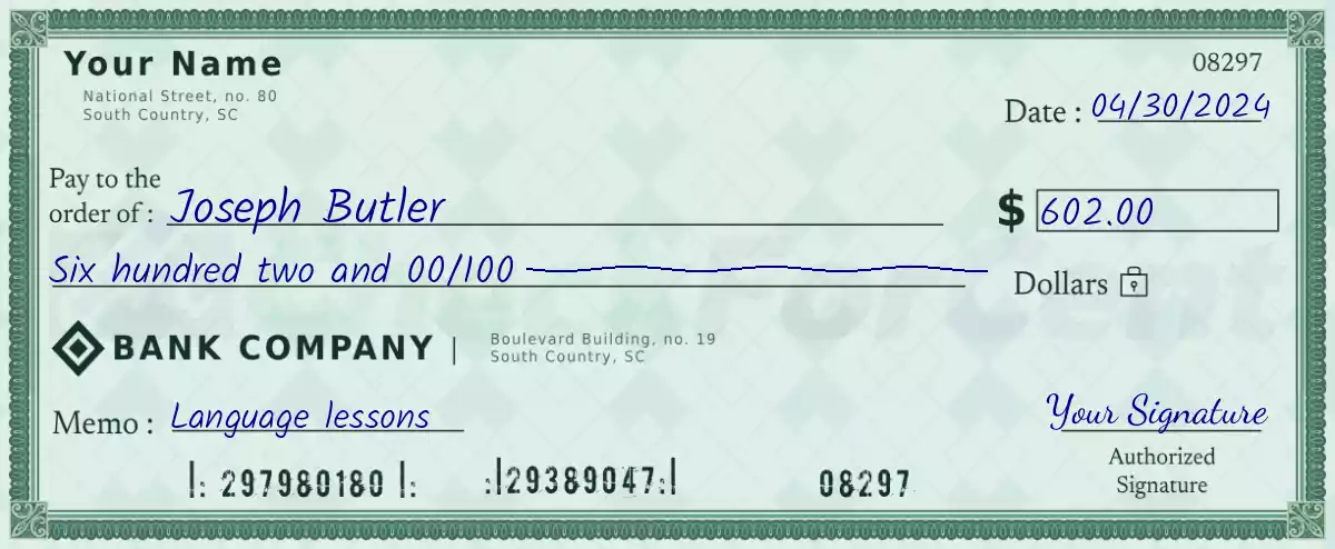 Example of a 602 dollar check
