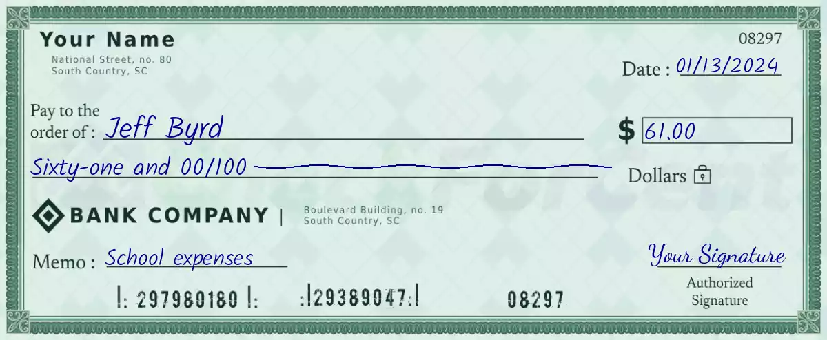 Example of a 61 dollar check