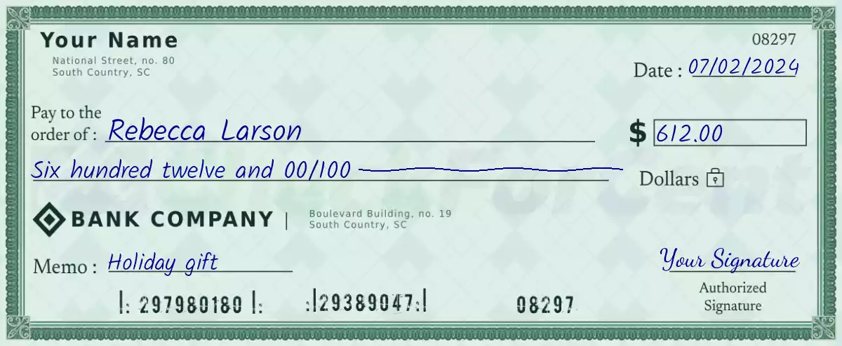 Example of a 612 dollar check