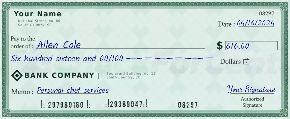 Example of a 616 dollar check
