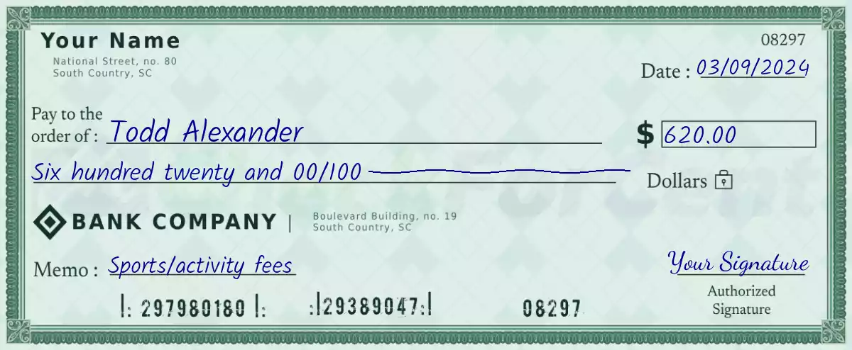 Example of a 620 dollar check
