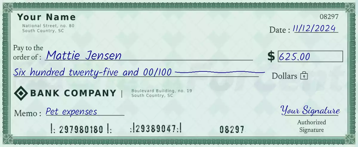 Example of a 625 dollar check