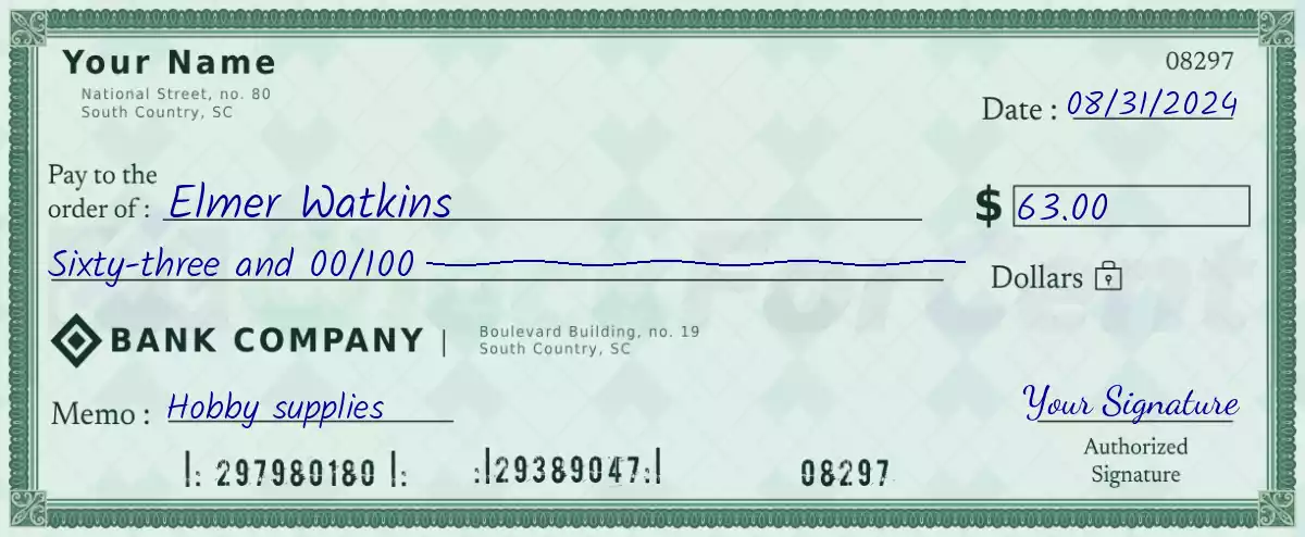 Example of a 63 dollar check