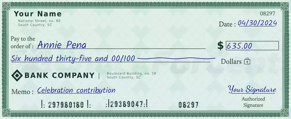 Example of a 635 dollar check