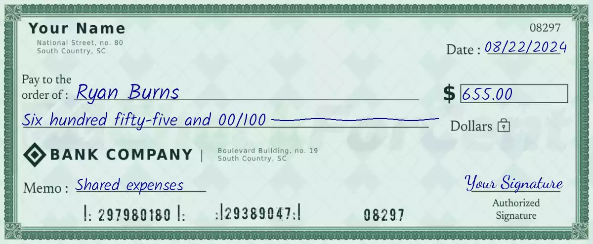 Example of a 655 dollar check