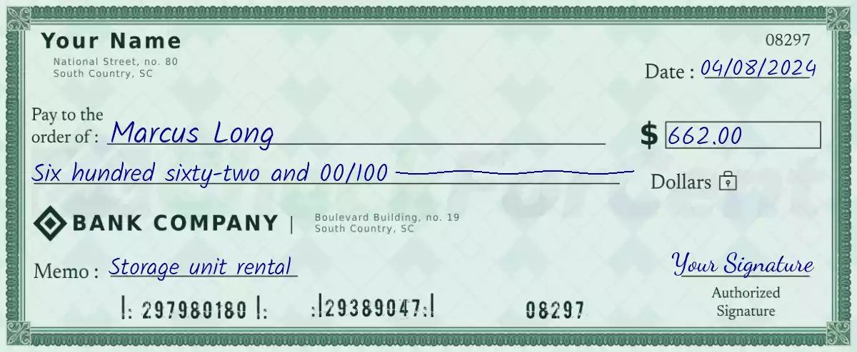 Example of a 662 dollar check