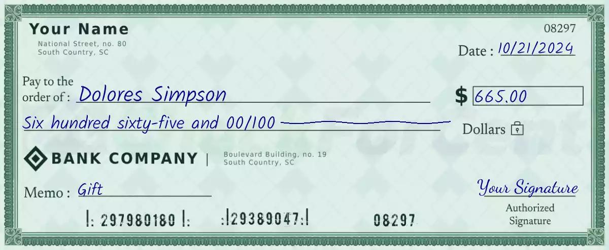 Example of a 665 dollar check