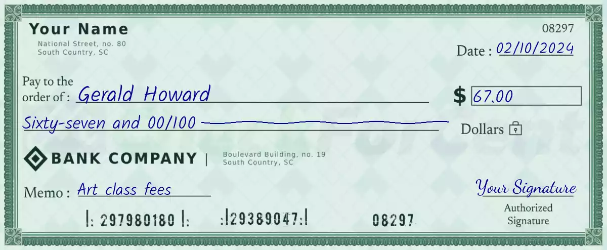 Example of a 67 dollar check
