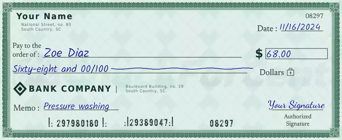 Example of a 68 dollar check