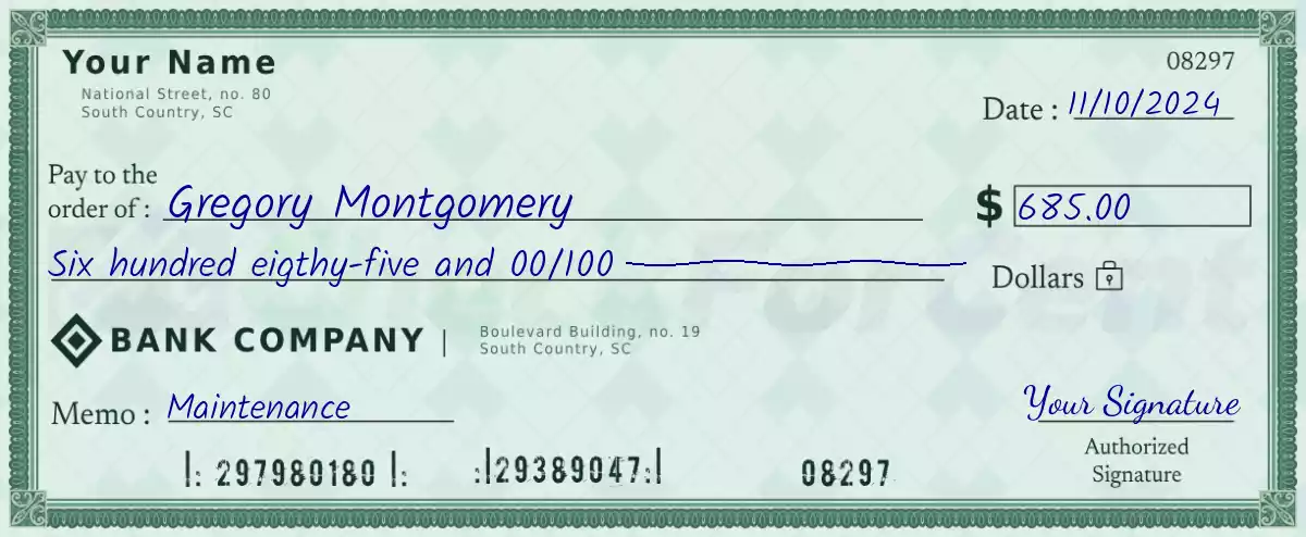 Example of a 685 dollar check
