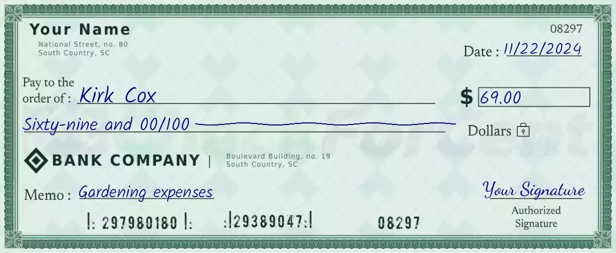 Example of a 69 dollar check