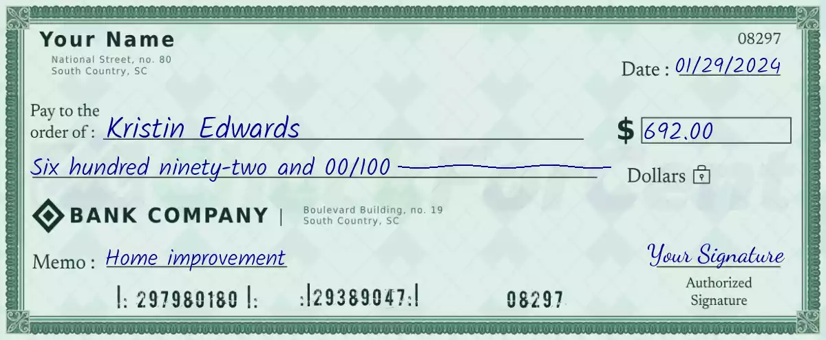 Example of a 692 dollar check