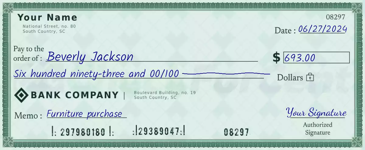 Example of a 693 dollar check