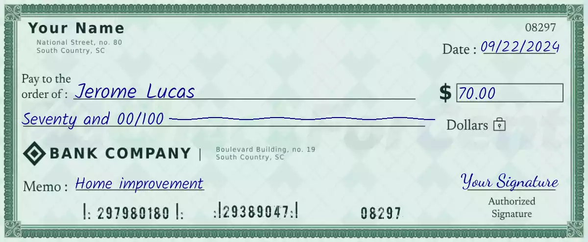 Example of a 70 dollar check