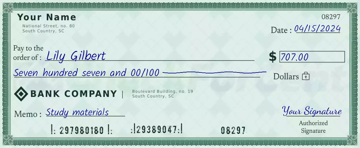Example of a 707 dollar check