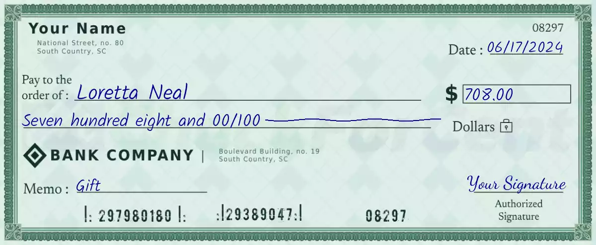 Example of a 708 dollar check