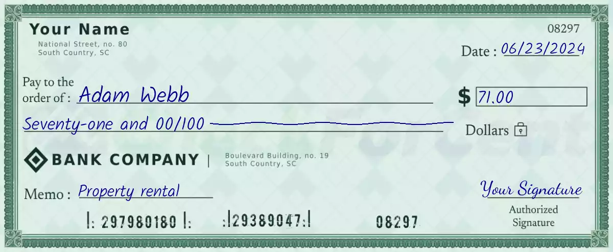 Example of a 71 dollar check