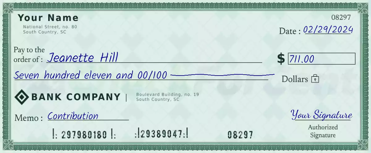 Example of a 711 dollar check