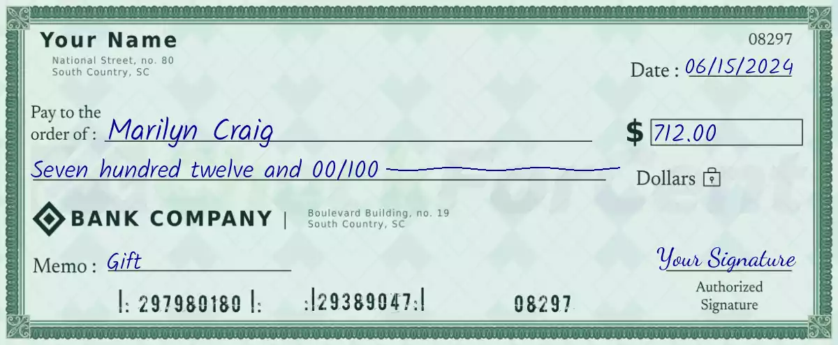 Example of a 712 dollar check