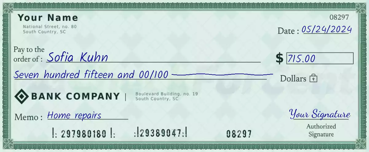 Example of a 715 dollar check