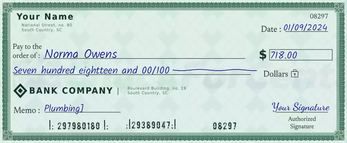 Example of a 718 dollar check