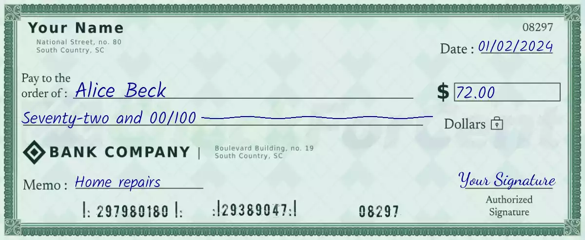 Example of a 72 dollar check