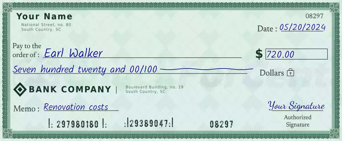 Example of a 720 dollar check