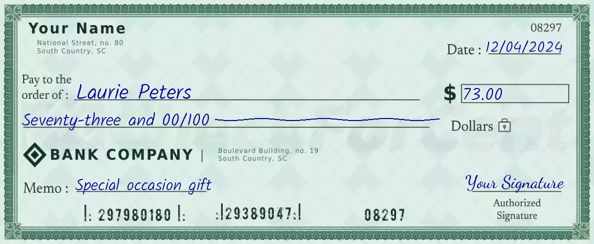 Example of a 73 dollar check