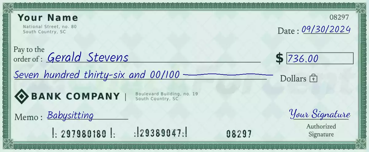 Example of a 736 dollar check
