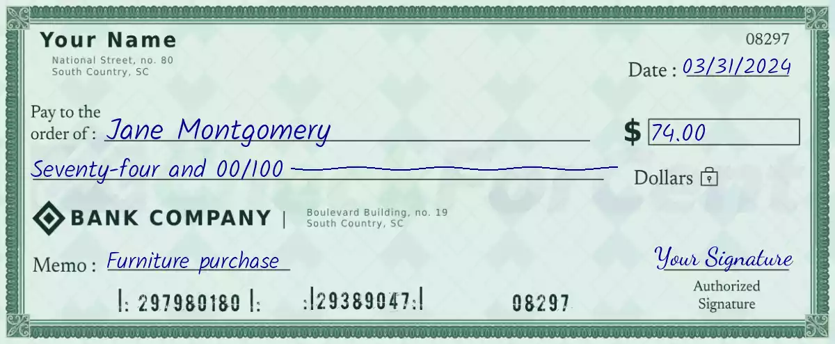 Example of a 74 dollar check