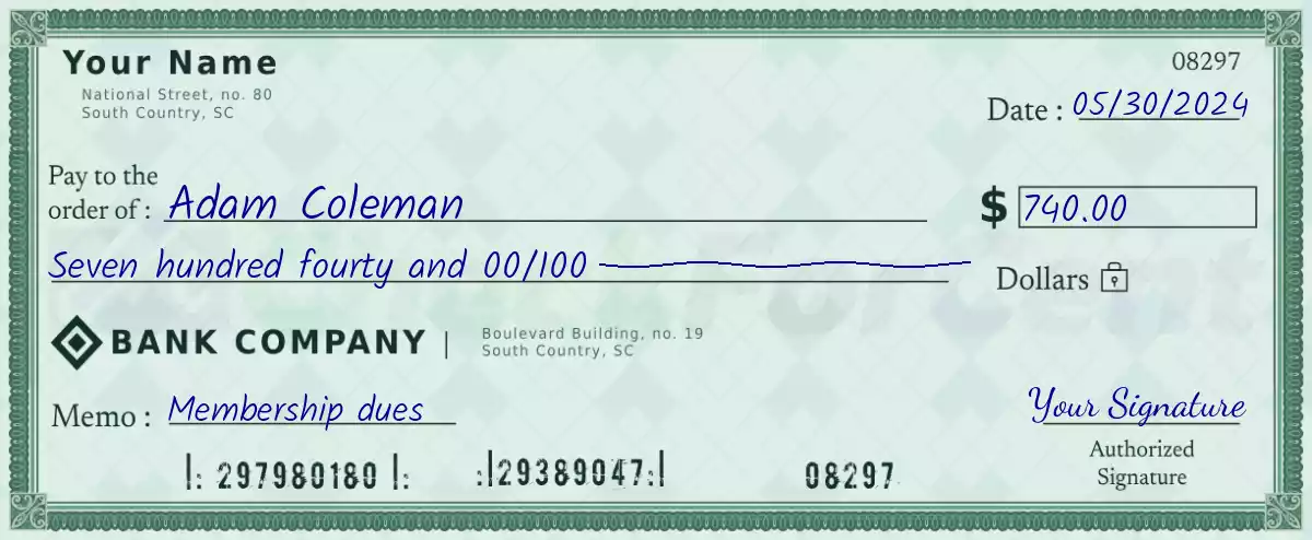 Example of a 740 dollar check