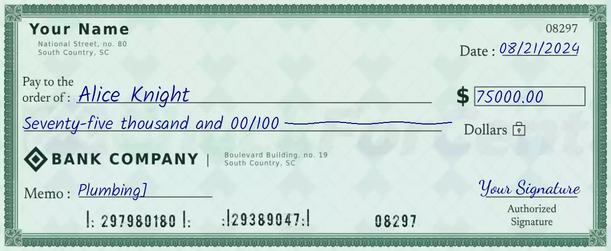 Example of a 75000 dollar check