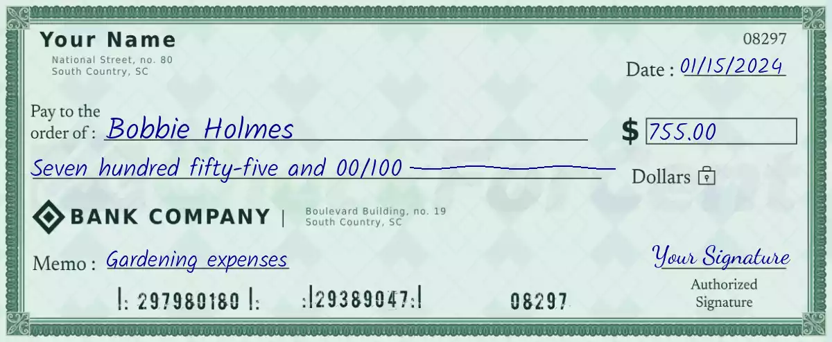 Example of a 755 dollar check
