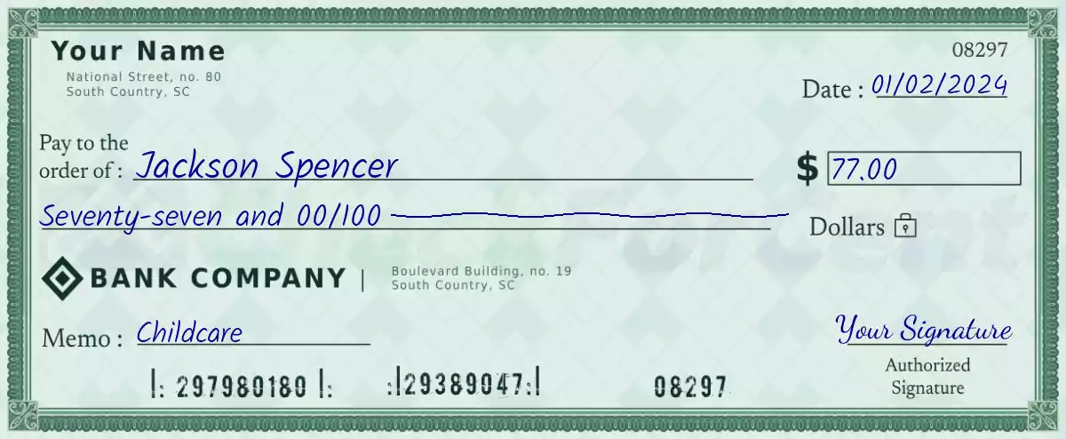 Example of a 77 dollar check