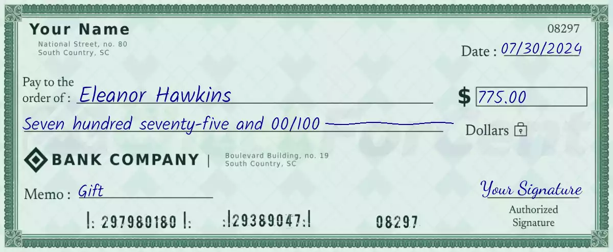 Example of a 775 dollar check