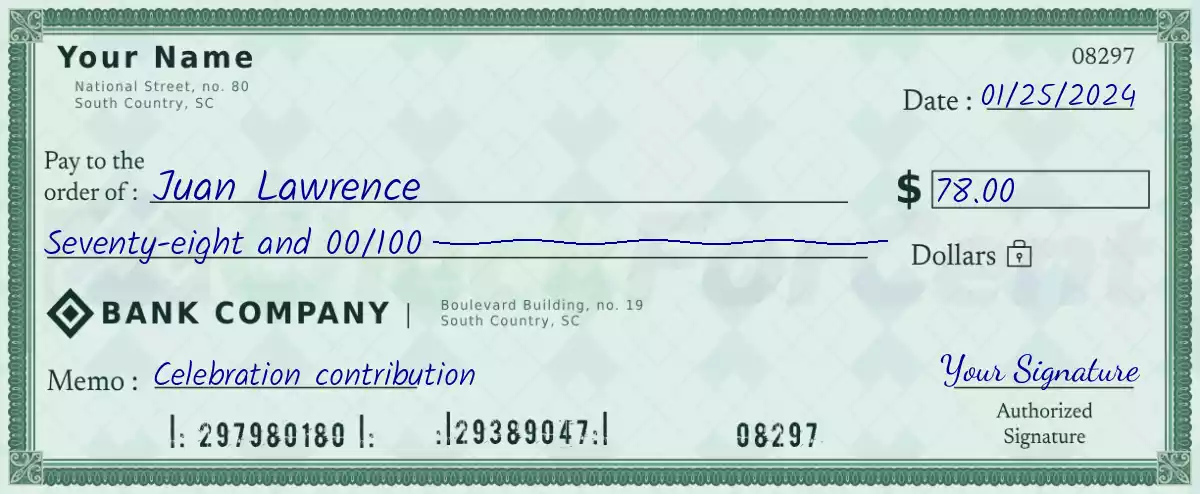 Example of a 78 dollar check