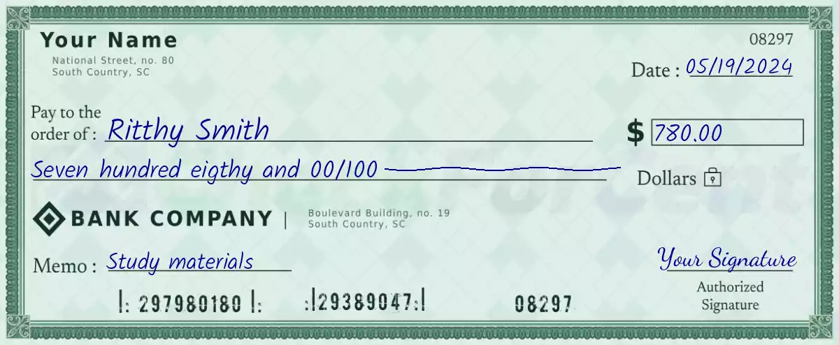 Example of a 780 dollar check