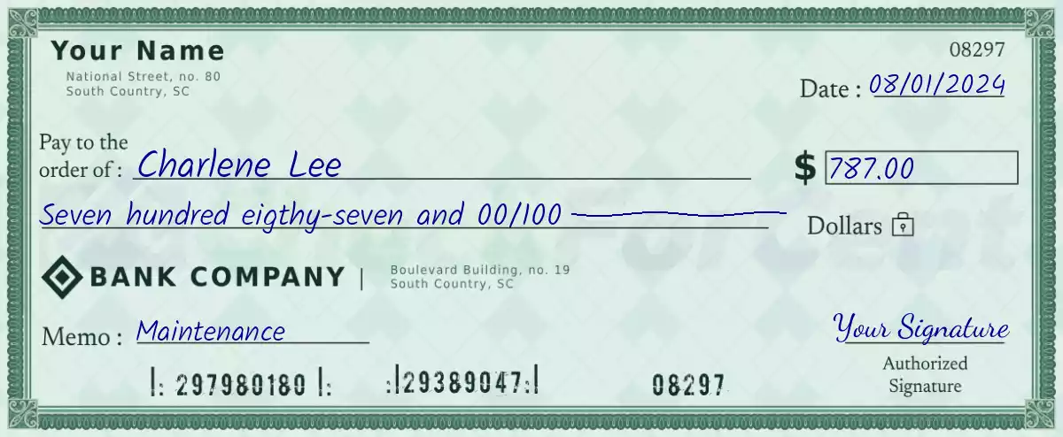 Example of a 787 dollar check