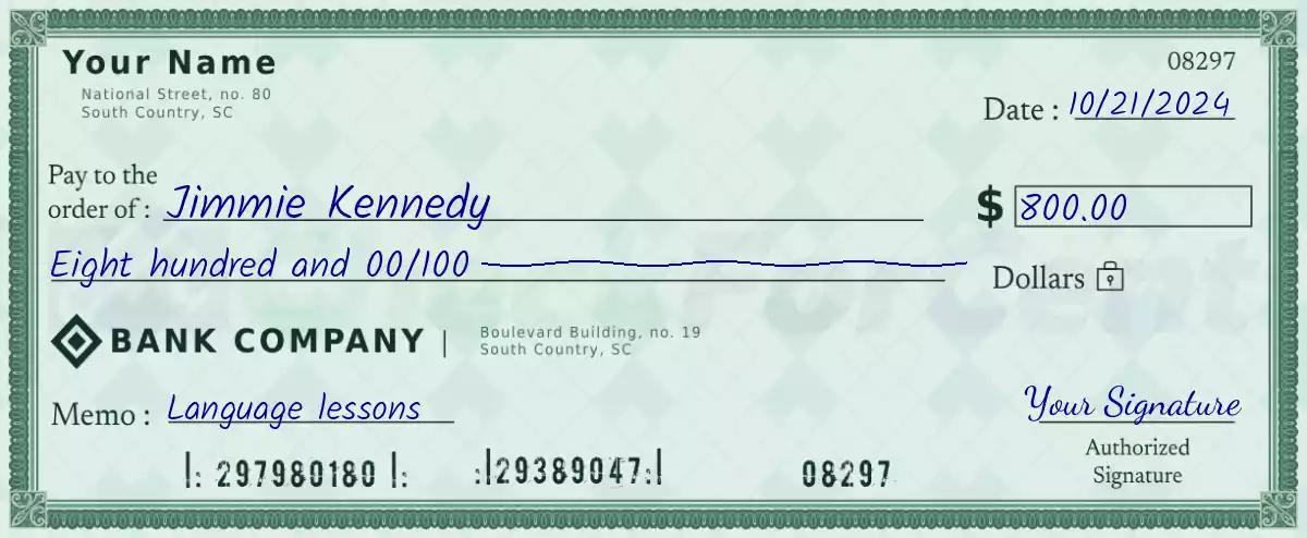 Example of a 800 dollar check