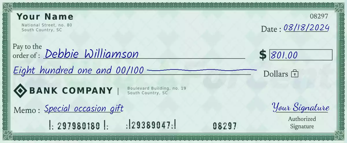 Example of a 801 dollar check