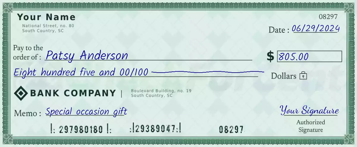 Example of a 805 dollar check