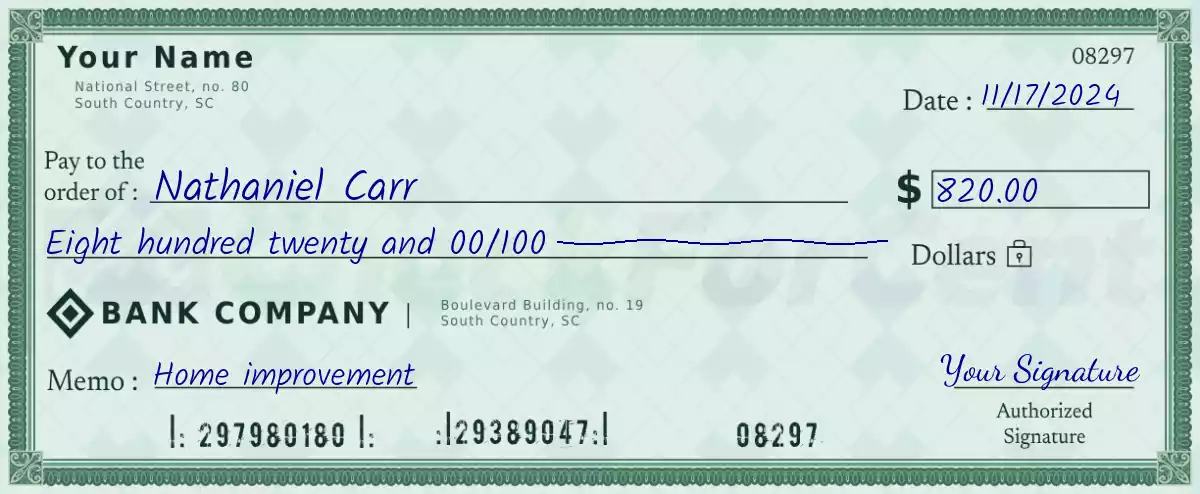 Example of a 820 dollar check
